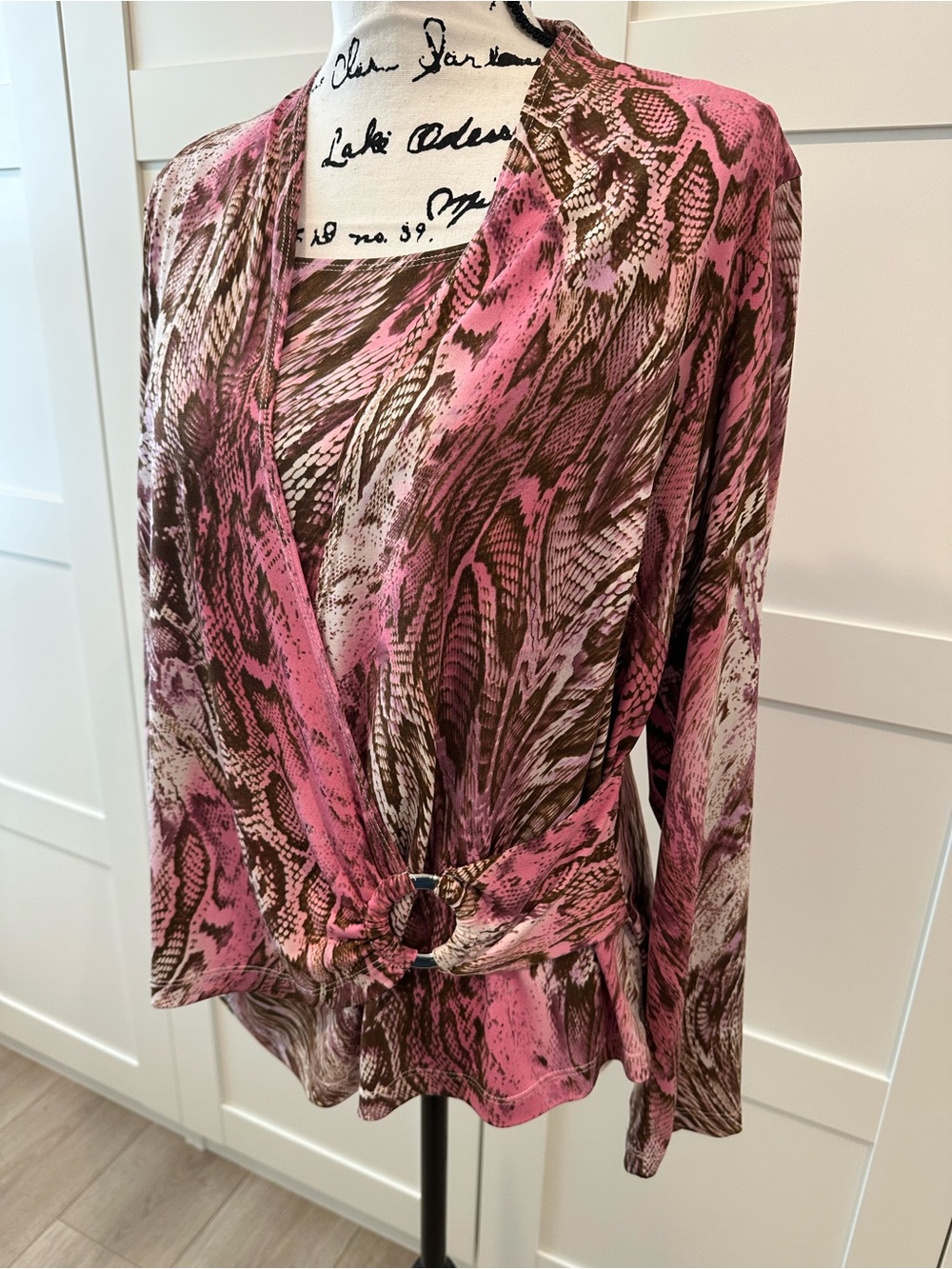 Pink and Brown Snake-Print Wrap Top - Women's